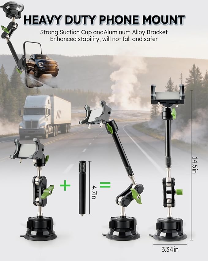Heavy Duty Truck Phone Mount, Aluminum 360° Rotating Anti-shake Suction Cup Phone Mount, 14.5" Long Arm Metal Windshield Phone Holder for Car Truck Semi, Fits Thick Cases F-150 Silverado RAM Kenworth