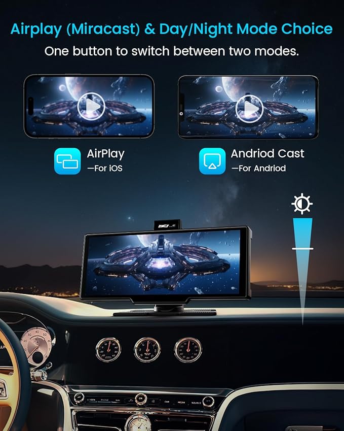 Portable Apple Carplay Screen, 10’’ Car Stereo Wireless Car Play & Android Auto Touch Screen, 4K Dash Cam, 1080P Backup Camera, Mirror Link/Voice Control/Music Play/GPS Navigation
