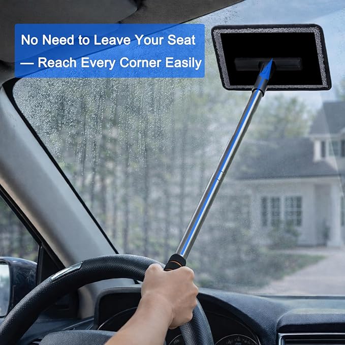 7Pcs Car Windshield Cleaner Tool Kit with Extendable Handle & 4 Upgraded High-Density Reusable Microfiber Pads, Velcro Microfiber Pads for Fast Stick & Peel for Cars, SUVs, Trucks & Home Windows