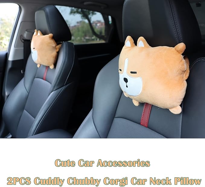 Sexysamba 2PCS Cuddly Chubby Corgi Car Neck Pillow, Cute Headrest Pillow for Car, Comfortable Soft Seat Pillow for Driving, Head Rest Cushion, Neck Pillow for Travelling and Home - Corgi