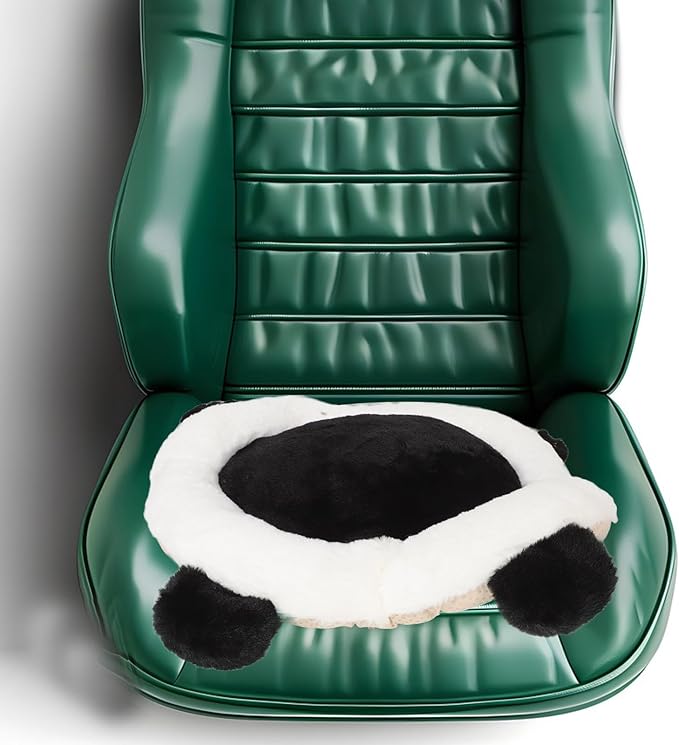 Cute Panda Plush Car Seat Cushion, Lumbar Support Pillow for Driving and Office Chair, Black Rabbit Fur Round Pad, Universal Automotive Interior Accessory