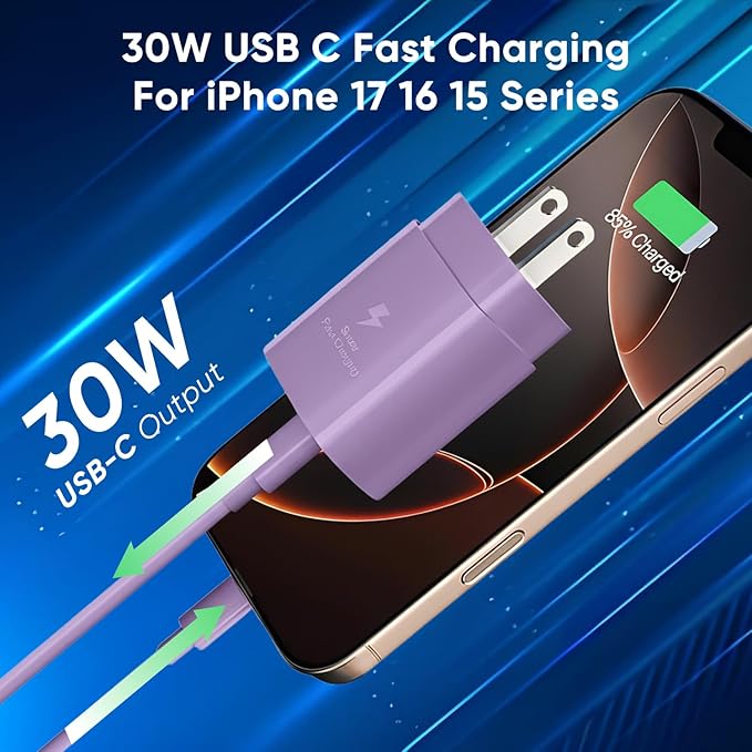 iPhone 17 16 15 Charger Fast Charging 10FT Cable, 30W USB C Charger Block for i Phone 15 16 16e 17 Air Plus Pro Max/iPad Pro/AirPods, PD USBC Power Adapter Wall Plug & Type C to C Cord (Purple, 10FT)