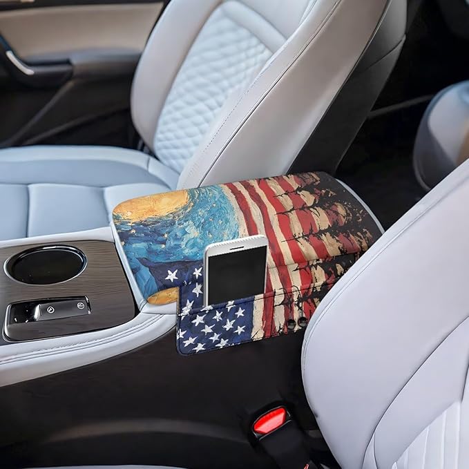 Car Console Covers, Memory Foam Center Console Cushion with Storage Bags, American Flag Sky Middle Console Protector Car Accessories Interior for Women Men