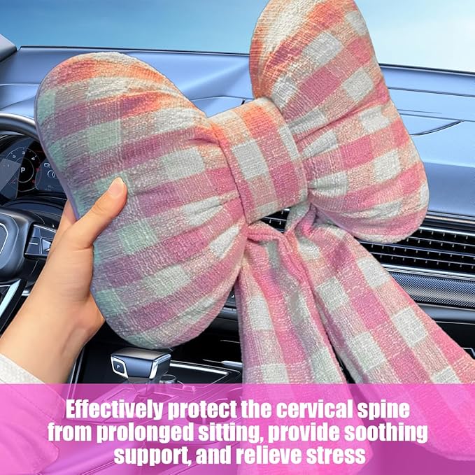 Bow Car Headrest Pillow, Breathable Memory Foam Vehicle Neck Pillow with Adjustable Strap, Ergonomic Auto Neck Support Cushion for Pain Pressure Relief, Universal for Most Cars (Pink/Grid)