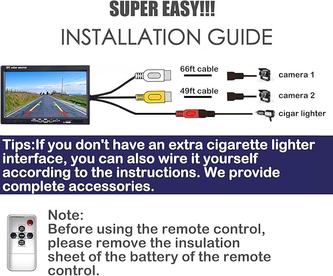 Backup Camera Monitor Kit,7" HD 1080P Monitor,IP69 Waterproof Rearview Reversing Rear View Camera for Truck Trailer Semi-Trailer Box Truck RV Pickup Truck,Easy Installation (Dual Cam)