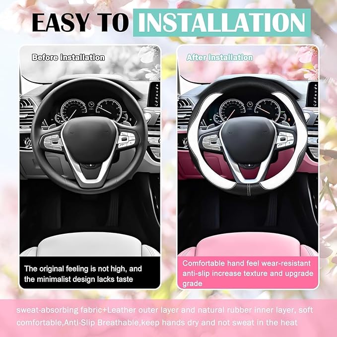 SuperKaKa Car Steering Wheel Cover 2024, Universal Auto PU Cute Breathable Slip-Proof Comfort Imitation Leather Protector Cars Interior Accessories for Women Men Fit Most Vehicle (White)