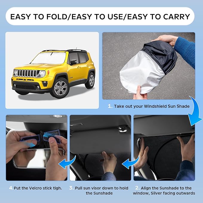 Sun Shade Sunshade for Jeep Renegade 2015-2024 Windshield Cover, 4-Layers Sun Shield 250T Silver Sun Visor Foldable Front Window Shade Blocks UV Rays Car Accessories