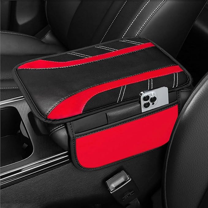 NBTEPEM Red Center Console Cover, Sporty Leather Armrest Cover Cushion with 2 Storage Pockets, Universal Auto Middle Console Protector, Car Interior Accessories for Most SUV, Truck, Sedan Vehicles