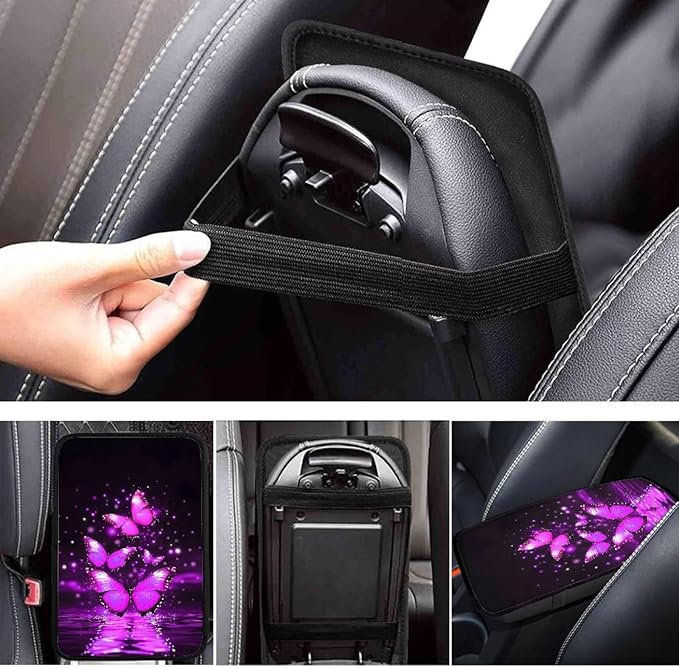 Purple Butterfly Universal Center Console Armrest Soft Pad Protector Cover Armrest Box Protector Non Slip for Pet Dogs Car Interior Decor