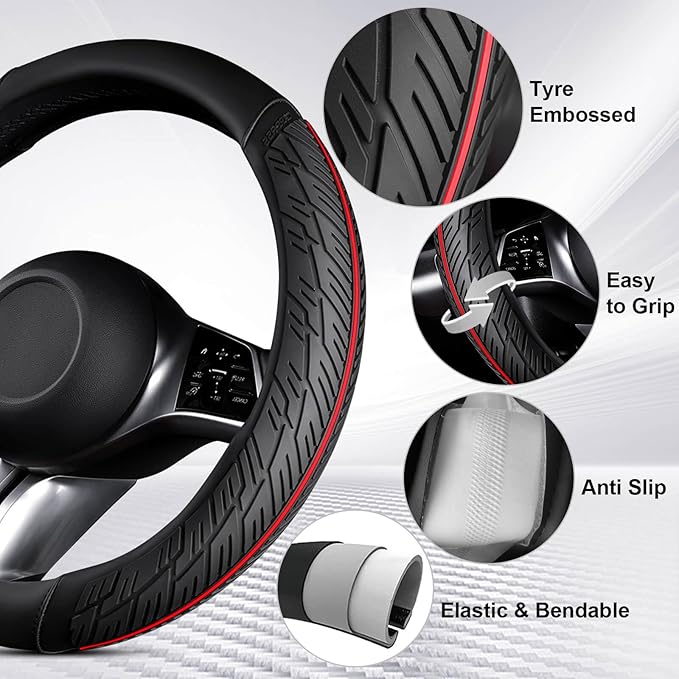 CAR PASS Leather Rubber Steering Wheel Cover Set,Tire Tread Pattern Design,Non-Slip Wear-Resistant,Equipped with Mobile Phone Holder and Non-Slip Cup Mat,Suitable for Steering Wheel 14.5-15”Black Red