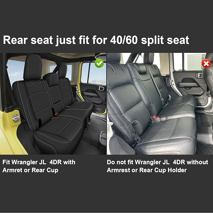 Custom Fit Seat Covers for Jeep Wrangler 4 Door JL: Unlimited Sahara Rubicon 392 Freedom Altitude Islande 2018 2019 2020 2021 2022 2023 2024 with Rear Cup Holder,Faux Leather,Black (Not for 4XE)