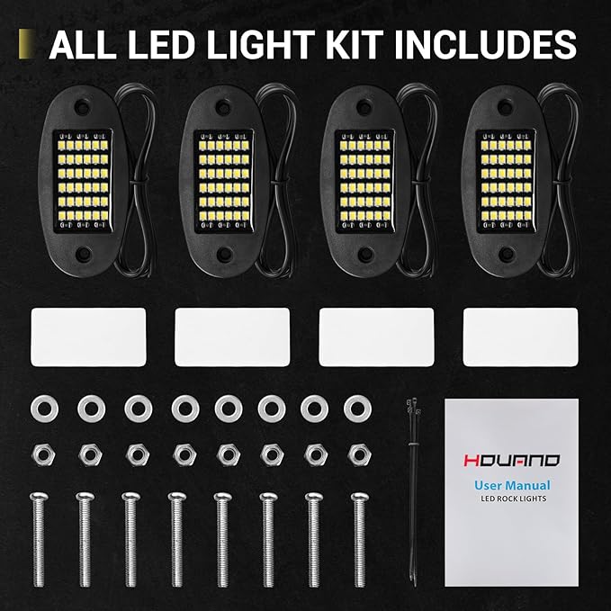 Hovano 4 Pods White Rock Lights 6000K Pure White 36 LEDs SMD Chips Super Bright Neon Underglow Light IP68 Waterproof for Pickup Trucks SUV UTV ATV RZR Car Boats (White)