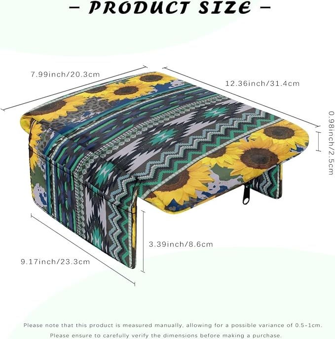 Tupalatus Aztec Center Console Cover Car Accessories Sunflowers Decor Comfort Armrest Cover Non-Slip Auto Console Cushion Pad with Pockets Fit for Most Vehicle, SUV, Truck