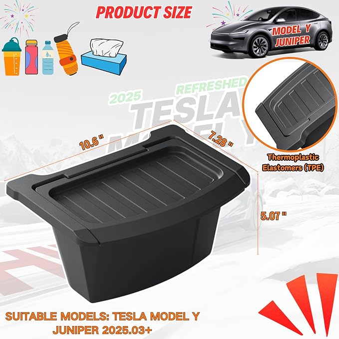 2026 Model Y Juniper Trash Can Back Seat Compatible with New Tesla Model Y Juniper Rear Center Console Floor Organizer Storage Box with Lid Garbage Can - TPE, Black