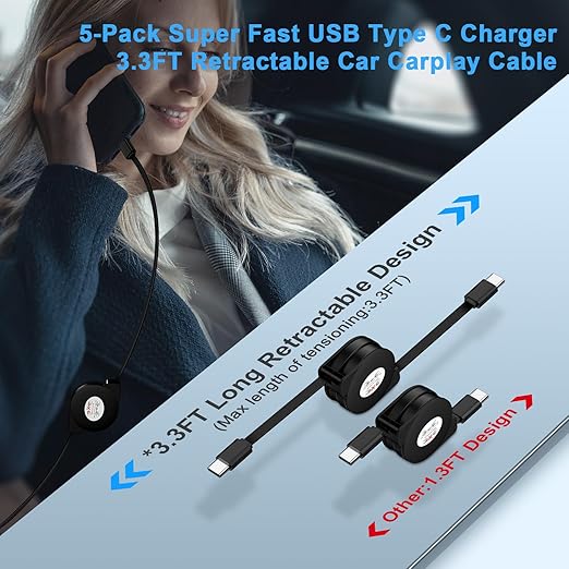 5Pack Retractable Car Charger USB C Cable Android Phone Charger Fast Charging Cord 3.3FT for iPhone 17 Pro Max 16e 15,Samsung Galaxy S26 Ultra/A17/A36/A37/A57/A56/S25FE/A16/A54/S24/Z Fold7,Pixel 10a 9