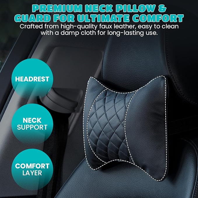 Set of 2 Quilted Faux Leather Car Headrest Pillow, Black Case/Red Threading, Ergonomic Neck Support for Comfortable Driving (Black Base/Red Thread)