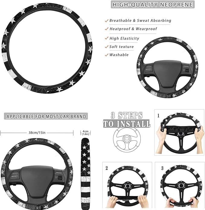 FKELYI Black American Flag Car Seat Covers - Full Set with Front, Back, Headrest, Cup Holder, Gear Shift, Handbrake, Steering Wheel Covers