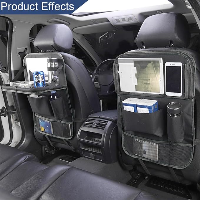 Car Backseat Organizer with Foldable Table Tray, 6 Storage Pocket Vehicle Seat Back Protector Kick Mat with Touch Screen Phone Holder, Auto Seat Organizer for Travel, Universal Fit (Black)
