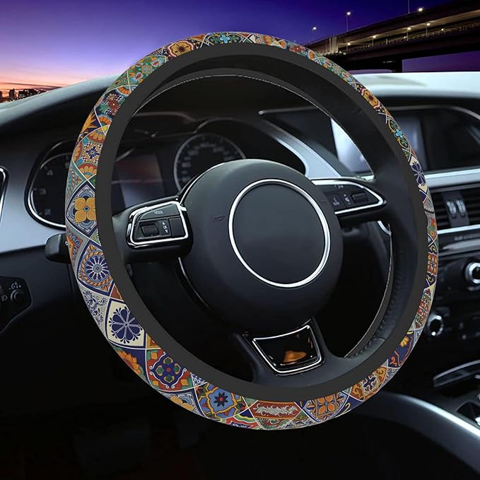 Car Steering Wheel Cover for Women Men, Non-Slip Mexican Talavera Tiles Steering Wheel Protector, Universal 14"-15" Fit for Cars, SUVs, Trucks (Mexican Talavera Tiles)