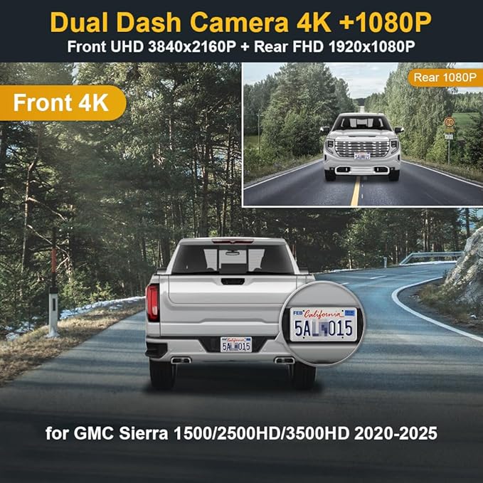 Fitcamx Front 4K+Rear 1080P Dash Cam Adapts for GMC Sierra 2020-2026 (HD2-6275, Small Cover) 1500 2500HD 3500HD, OEM Look, Dual HD Video, WiFi & APP, Loop Recording, G-Sensor, Easy to Use, 128GB Card