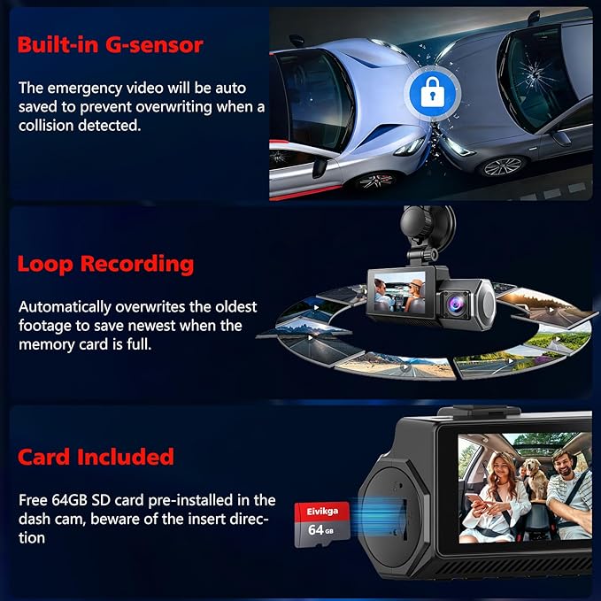 4K+2.5K+2.5K Dash Cam, STARVIS 2 Sensor, Dash Camera 3-Channel, Free 64GB Card, Dashcam with 5G WiFi GPS, G-Sensor,Loop Recording, HDR, 24H Parking Monitor, Time-Lapse Recording, 256GB Max