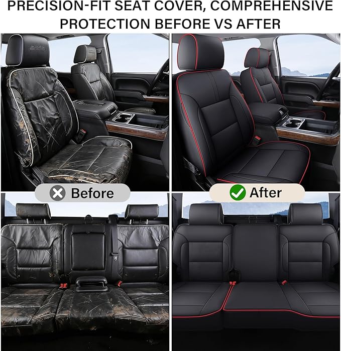 Coverado Chevy Silverado Seat Covers Full Set, Faux Leather Car Seat Covers Fit for 2014-2018 1500, 2015-2019 2500HD 3500HD Chevy Silverado GMC Sierra Crew Double Extended Cab (Red)