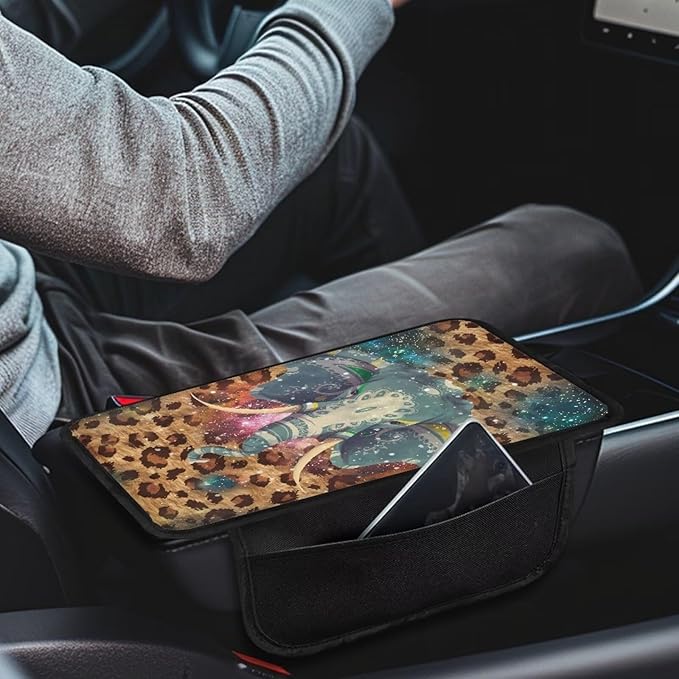Elephant Leopard Pattern Center Console Covers for Cars Elastic Car Armrest Cushion Anti-Slip Vehicle Armrest Cover Pad Car Decoration Accessories Interior Protection
