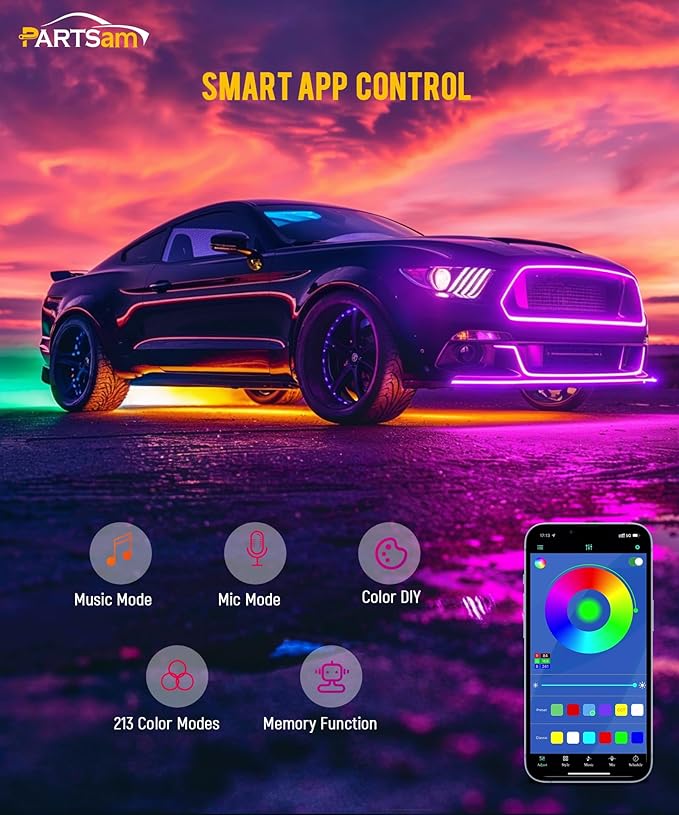 Partsam Car Underglow Neon Accent Strip Lights with APP Control Music Modes, Scene Options, Mic, DIY Wireless Control Underglow Led Lights Strips Adapter for Vehicle SUV Truck - 4 in 1