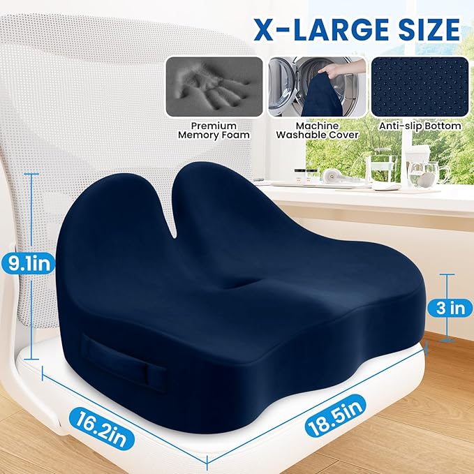 Seat Cushion, Chair Cushions for Office Chairs/Desk Seats/Wheelchair - Hip&Sciatica&Tailbone Pain Relief Memory Foam Office Chair Cushion for Long Sitting Office Workers (Blue, X-Large)