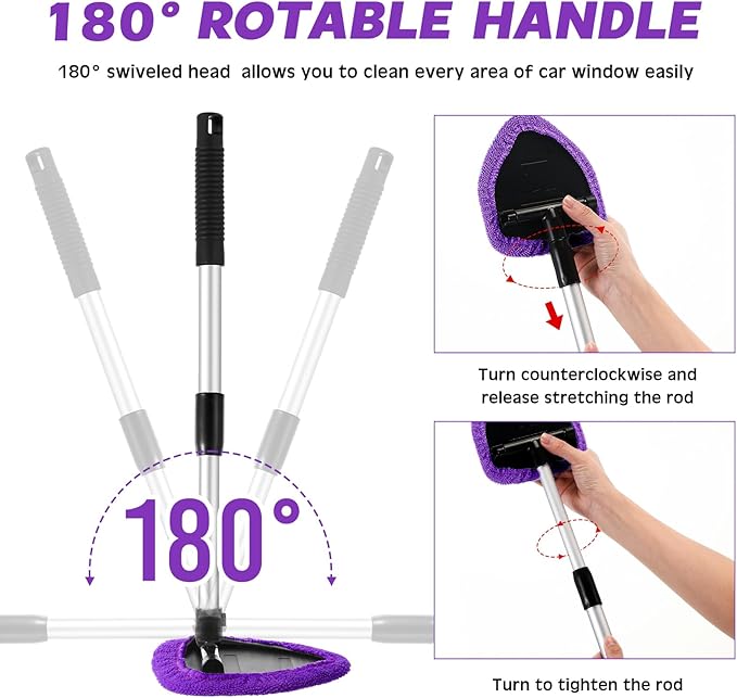 Baderke 9 Pcs Car Windshield Cleaner Tool Kit with with Extendable Handle, Microfiber Towel Pads, Sponge, Ventilation Brush, Empty Spray Bottle for Auto Glass Wiper Suvs Rvs & Home Windows(Purple)