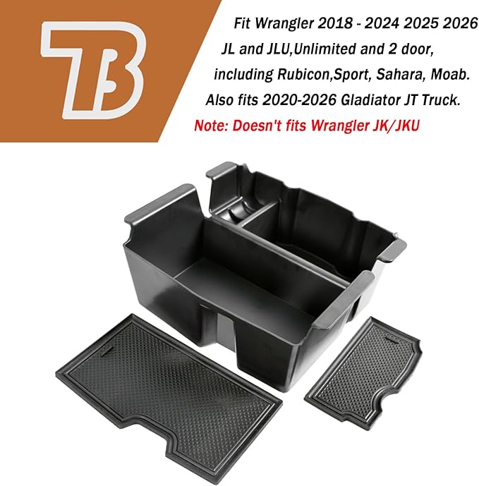 TACOBRO Center Console Organizer Compatible with Jeep Wrangler JL & JLU 2018 2019-2024 2025 2026 Accessories, Gladiator JT Truck 2020 2021 2022 2023-2026 Insert Tray Armrest Storage Box, Black