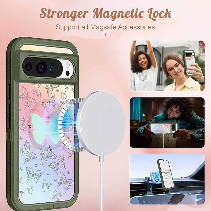 for Google Pixel 9 Pro XL Case - Compatible with MagSafe Women Cute Girls Magnetic Protective Cover Girly Blue Butterfly Design Heavy Duty Shockproof Phone Case for Pixel 9 Pro XL 6.8"