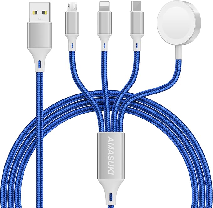 Amasuki Travel Essentials,4 in 1 for Apple Watch Charger/iPhone Charger/Multi Charging Cable,Vacation RV Camping Essentials,USB C/L/Micro Portable Charger for iWatch 11-1/iPhone 17-12,Car&Gift-Blue