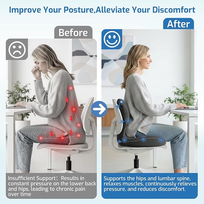 Ergonomic Seat Cushion,Office Chair Cushion with Lumbar Support Pillow,Memory Foam Car Seat Cushions,Designed for Sciatica, Tailbone,Back Pain,Back Cushion for Office,Car,Home Desk Chair