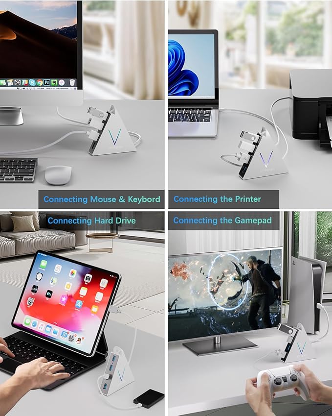 USB 3.0 Hub,4 Port USB Hub Tower,2ft Cable USB Splitter for Laptop,PC, PS4,PS5,Xbox,Mouse,Keyboard, Flash Drive, U-Disk (White)