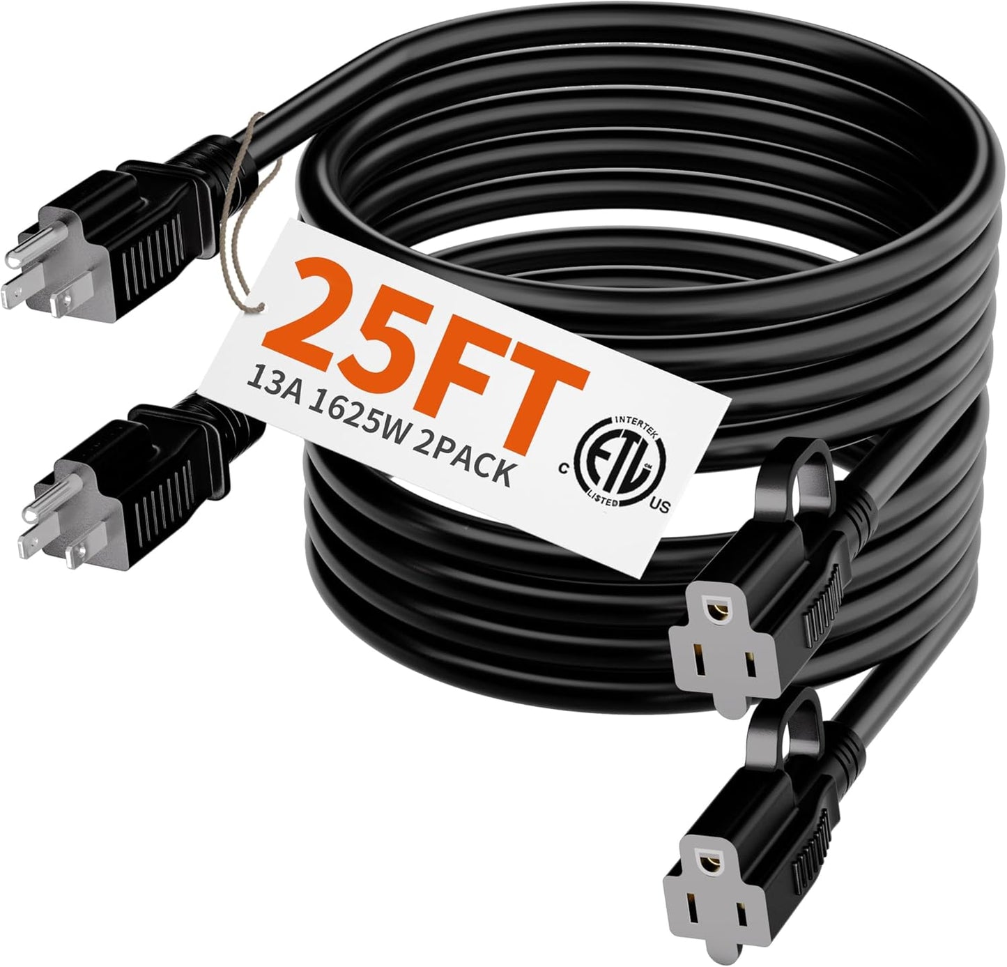 HUANCHAIN Indoor Outdoor Black Extension Cord 25 ft 2 Pack Waterproof, 16/3 Gauge Flexible Cold-Resistant Appliance Cable Outside, 13A 1625W 16AWG SJTW, 3 Prong Heavy Duty Electric Cord, ETL
