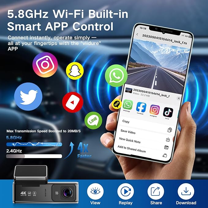 4K Dual Dash Cam Front and Rear, 2 Channel Car Camera with Built-in GPS 5.8GHz WiFi, 3.5" IPS Screen, 64GB Card Included, 170° Wide Angle, Night Vision, 24H Parking Monitor for Cars