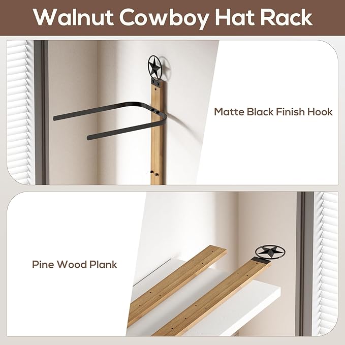Cowboy Hat Rack for Wall – 3-Piece Western Hat Holder, Rustic Wooden & Metal Wall Mounted Cowboy Hat Organizer, Holds up to 6 Hats, Cowboy Room Decor & Storage Display Rack