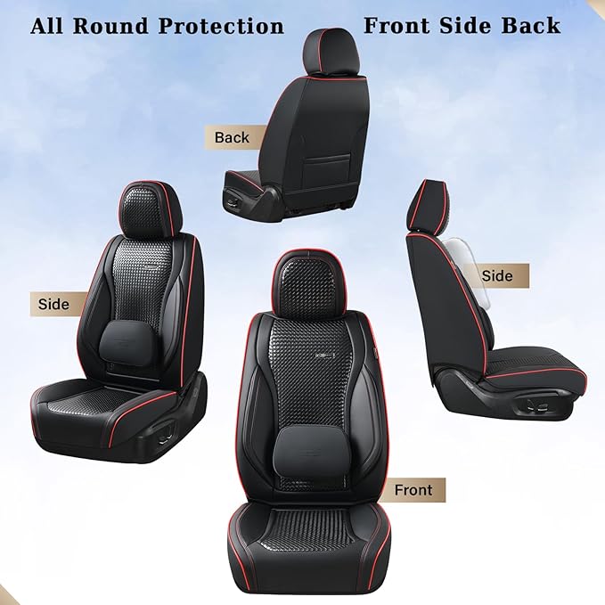 Coverado Car Seat Covers Full Set, Black Redline Seat Covers for Cars, Waterproof Nappa Leather Automotive Seat Covers with Lumbar Head Pillow, Car Seat Protectors, Universal Fit for Most Cars SUV