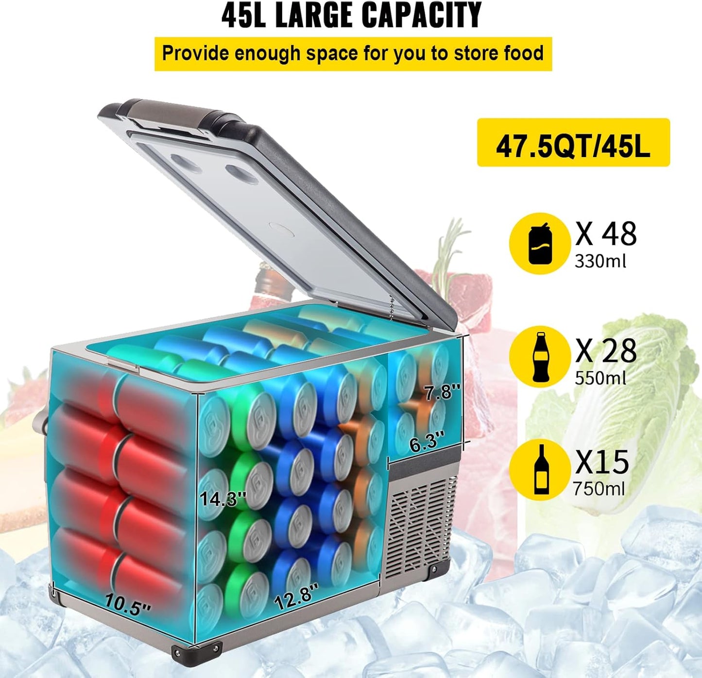 VEVOR 12 Volt Refrigerator, 48 Quart (45L) Fast Cooling Portable Freezer with App Control (-4℉~68℉), Car Fridge with 12/24v DC & 110-240v AC for Travel, Truck, Camping and Home Use, Grey