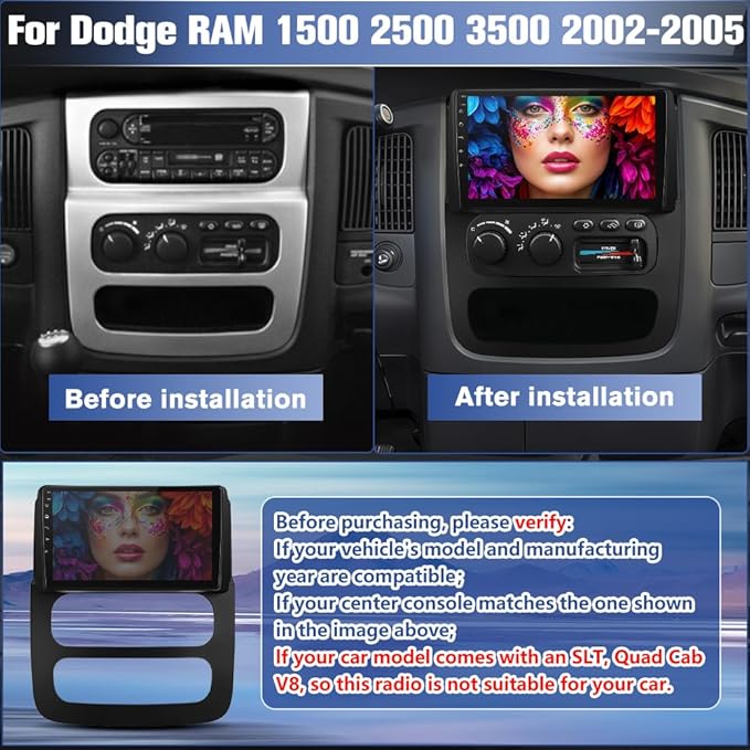 Android 13 [2GB+64GB] Car Stereo for Dodge RAM 1500/2500/3500 2002-2005，Car Radio with Touchscreen Support Wireless Carplay/Android Auto/Mirror Link/WiFi/Bluetooth/SWC/Backup Camera