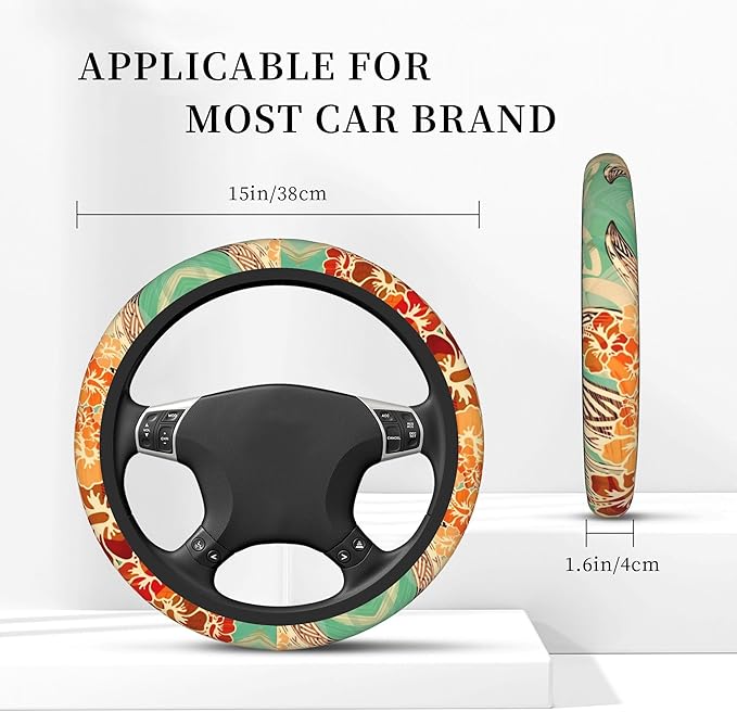 Hawaiian Island Tropical Car Steering Wheel Cover for Women Men 14-15 Inch Stretch Cloth Anti-Slip Wrap Protector Case Fit Universal Auto Accessories Decor Sweat Absorption