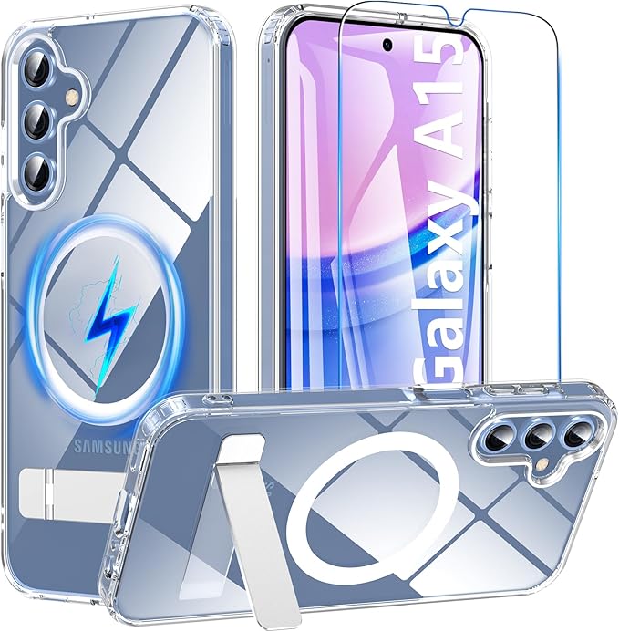 OWKEY for Samsung Galaxy A15 5G Phone Case with Screen Protector & Stand, Magnetic Case for Magsafe Military-Grade Protection Shockproof Matte Cover for Samsung Galaxy A15 5G (Clear)