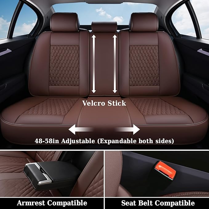 Coverado Leather Rear Seat Covers for Cars, Waterproof Back Seat Cover, Universal Automotive Seat Cushion Protector for Most Cars Trucks SUV (Coffee)