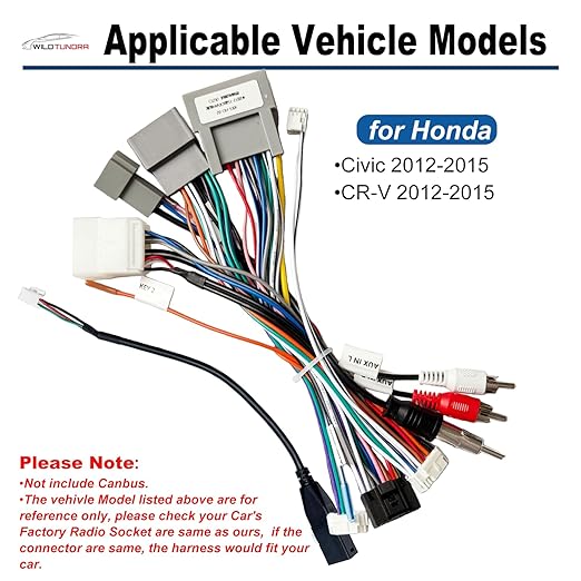 16Pin Aftermarket Android Car Radio Harness Adapter for Honda Civic 2012-2015 CR-V 2012-2015, 16Pin Android Car Stereo Wiring Harness with SWC Radio Antenna Adapter for Honda Civic CR-V