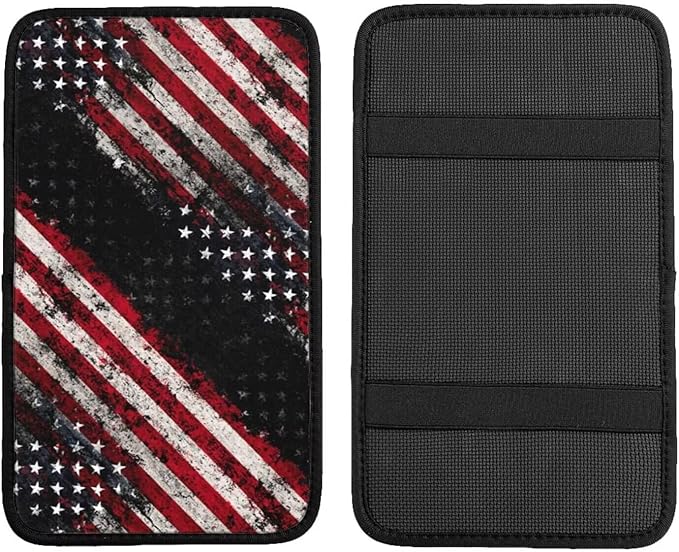 American Flag Print Car Armrest Cover Pad Vintage Star Black Red Arm Rest Seat Box Cushion Protector Scratch Resistant Lid Covers Fit for Most Cars Sedans Vans Truck SUVs