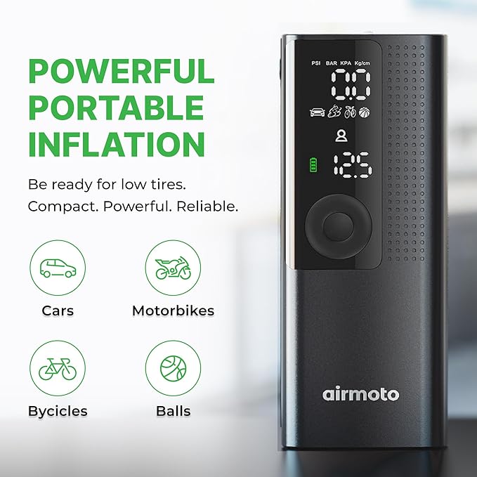 Airmoto Tire Inflator Portable Air Compressor - Air Pump for Car Tires with Digital Pressure Gauge, LED Light and Auto Shut-Off Function - Cordless Pump for Car, Motorcycle, Bicycle, Ball (Pack of 4)