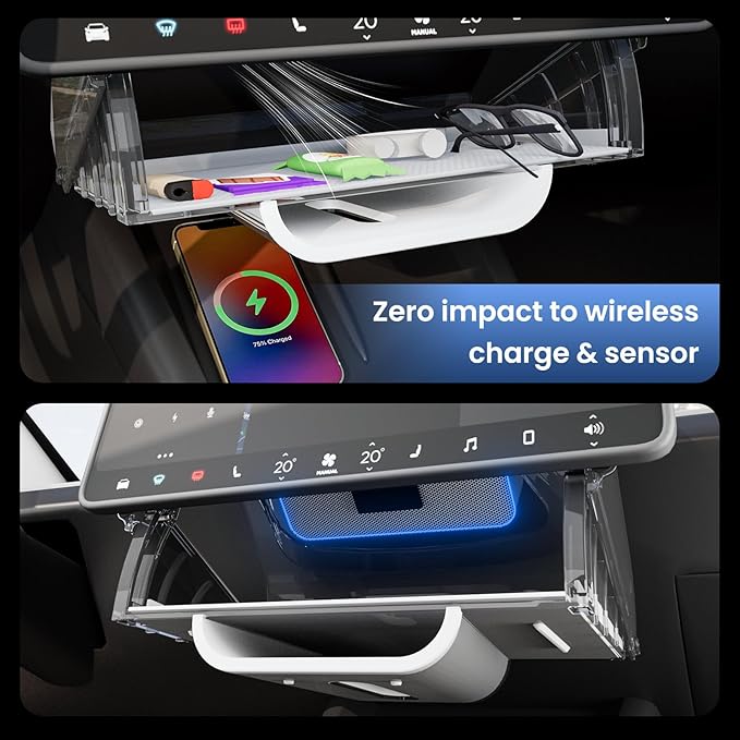 for Tesla Model Y Juniper Under Screen Storage Organizer 2025-2026/Model 3 Highland 2024-2026, Hideable Center Console Organizer Tray for Tesla Model Y Juniper Accessories, White