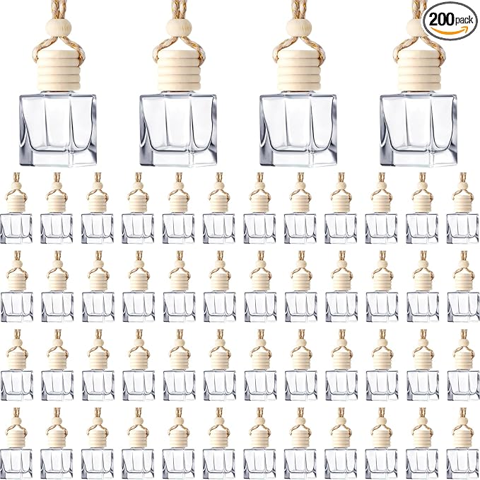 BBTO 200 Pcs Hanging Car Diffuser Bottles Bulk, Empty Clear Glass Air Freshener Bottles with Wooden Cap for Perfume Essential Oils Fragrance Aromatherapy Ornament(Cube)