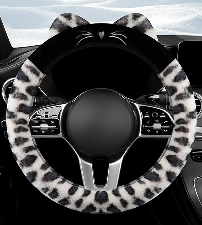 Dotesy 3D Ear Furry Cheetah Car Steering Wheel Cover Set Fluffy Faux Wool Steering Wheel Protector Leopard Anti-Slip Soft Warm Car Accessories for Women (White Black)